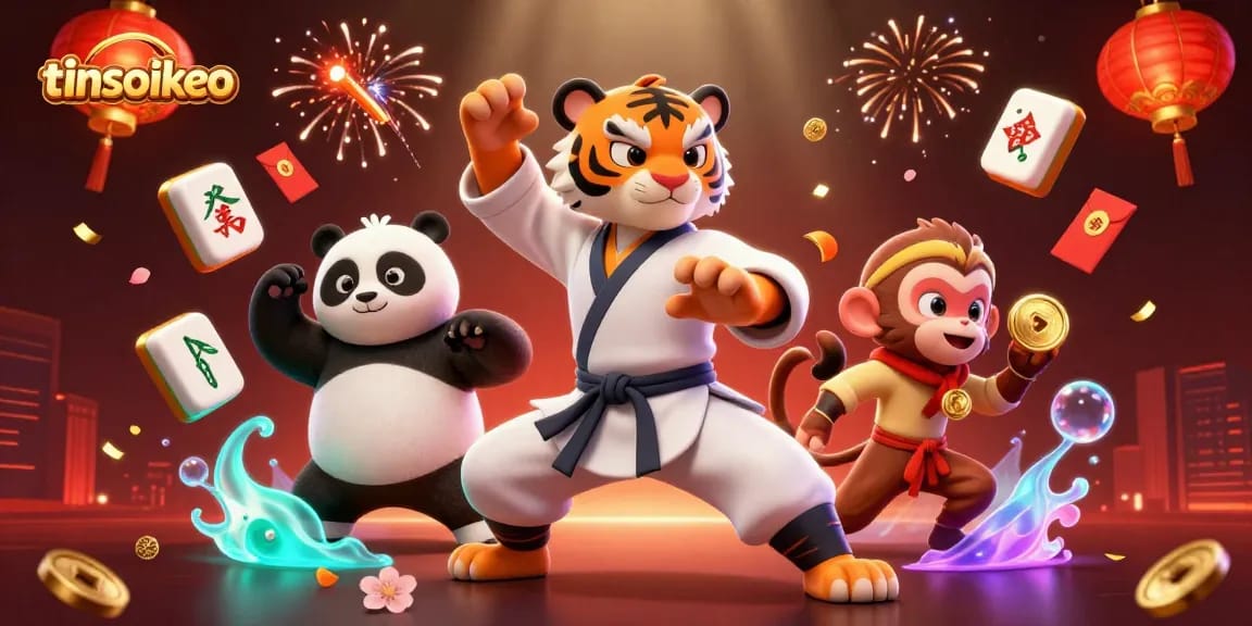 Engage in betting with tinsoikeo featuring a kung fu tiger master and dynamic casino elements.