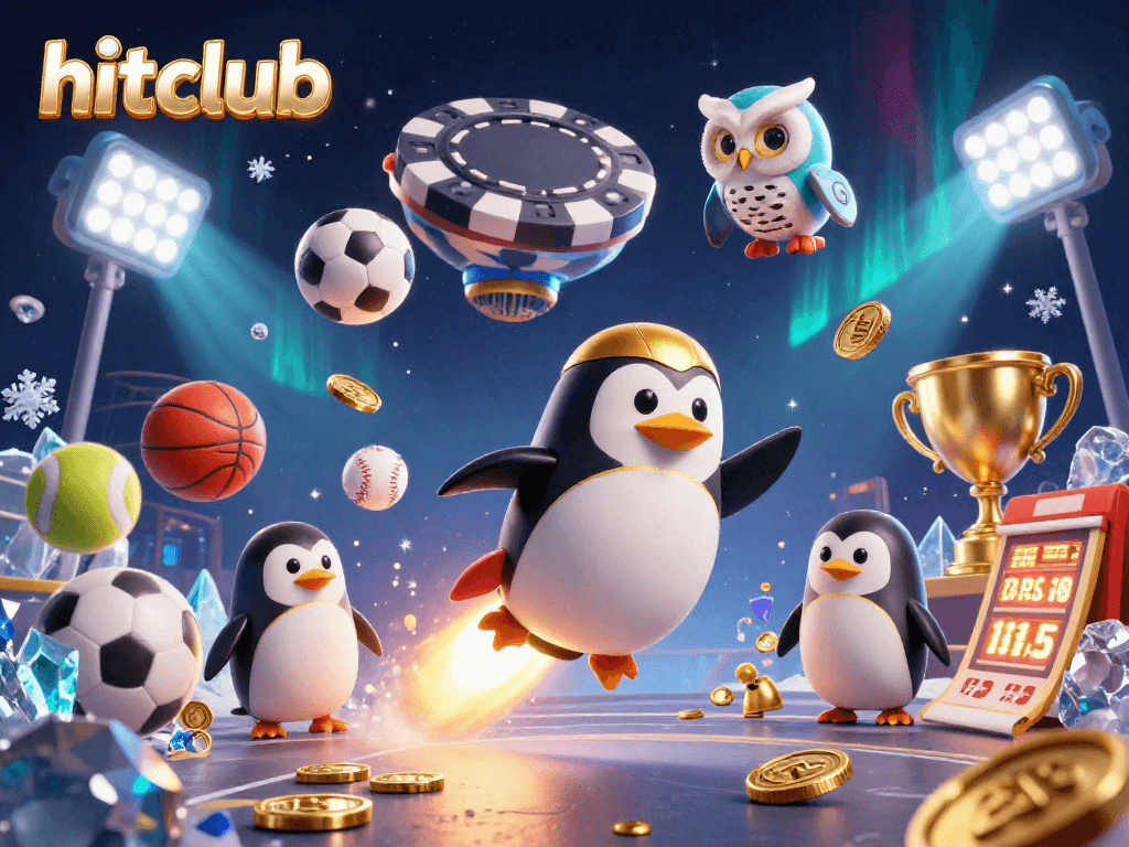 Hitclub showcases thrilling casino action with a golden penguin and sports elements in a vibrant illustration.