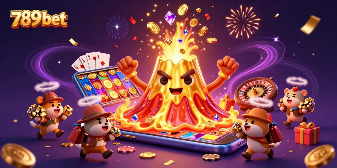Engage in excitement with 789 bet: a thrilling golden volcano erupting treasures and vibrant casino elements.