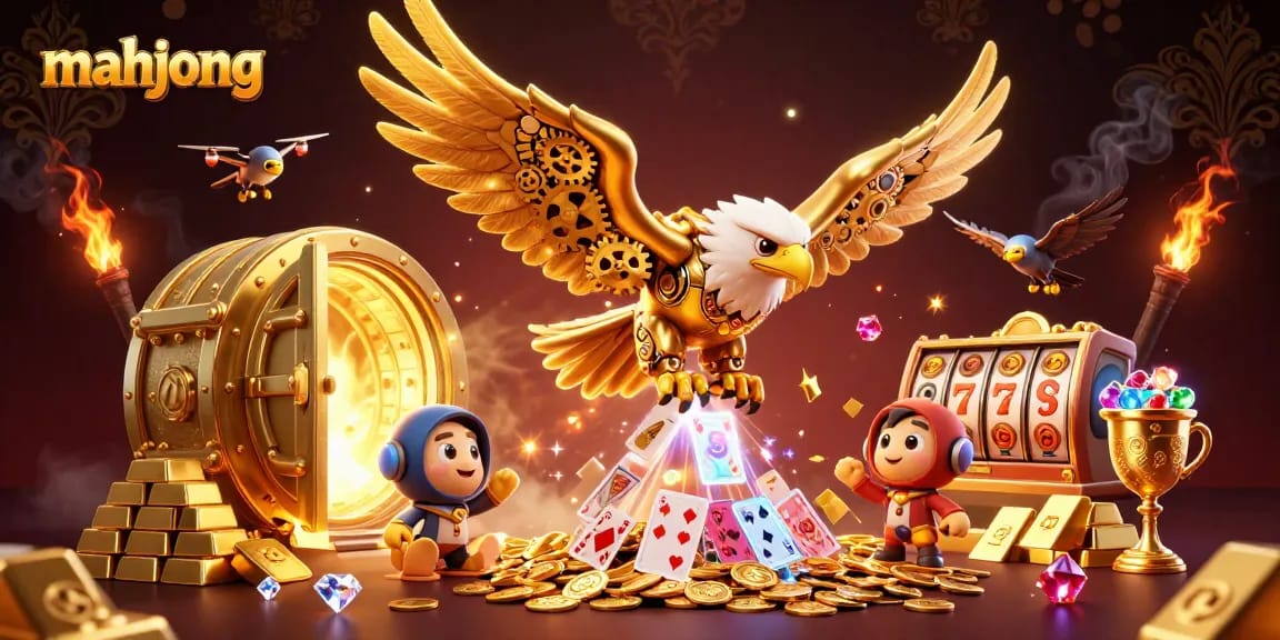 Experience thrilling mahjong gaming with a dynamic golden eagle amidst cascading playing cards and rich casino treasures.