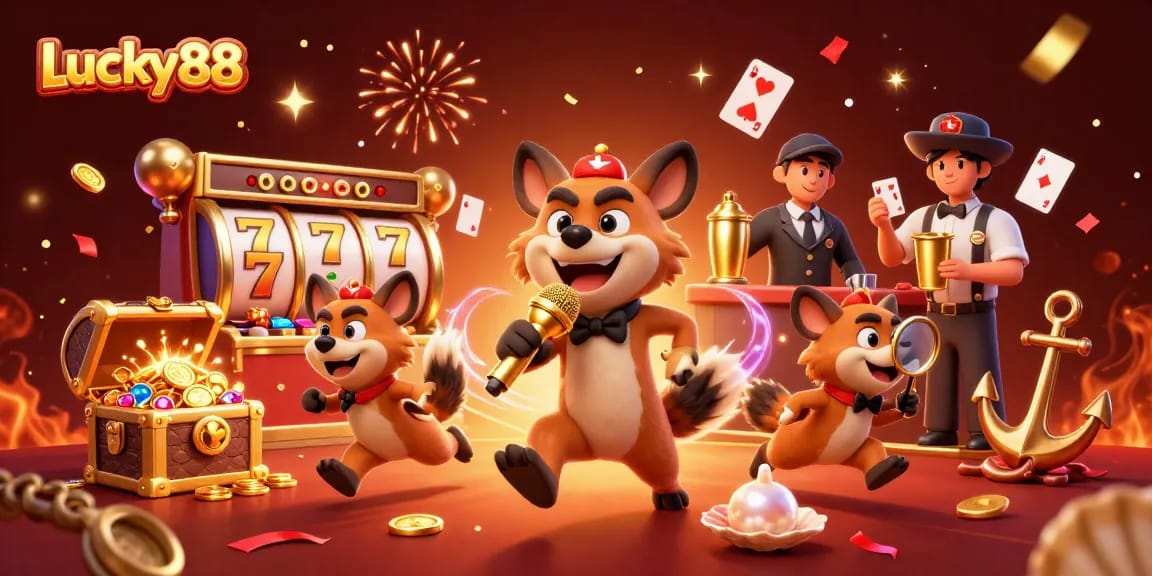 Lucky88 slot game illustration featuring hyenas in a comedy casino scene with vibrant game elements.