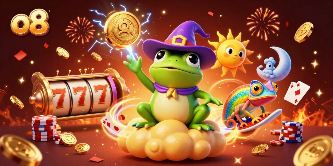 Win big with o8 in this vibrant illustration featuring casino games and magical characters!