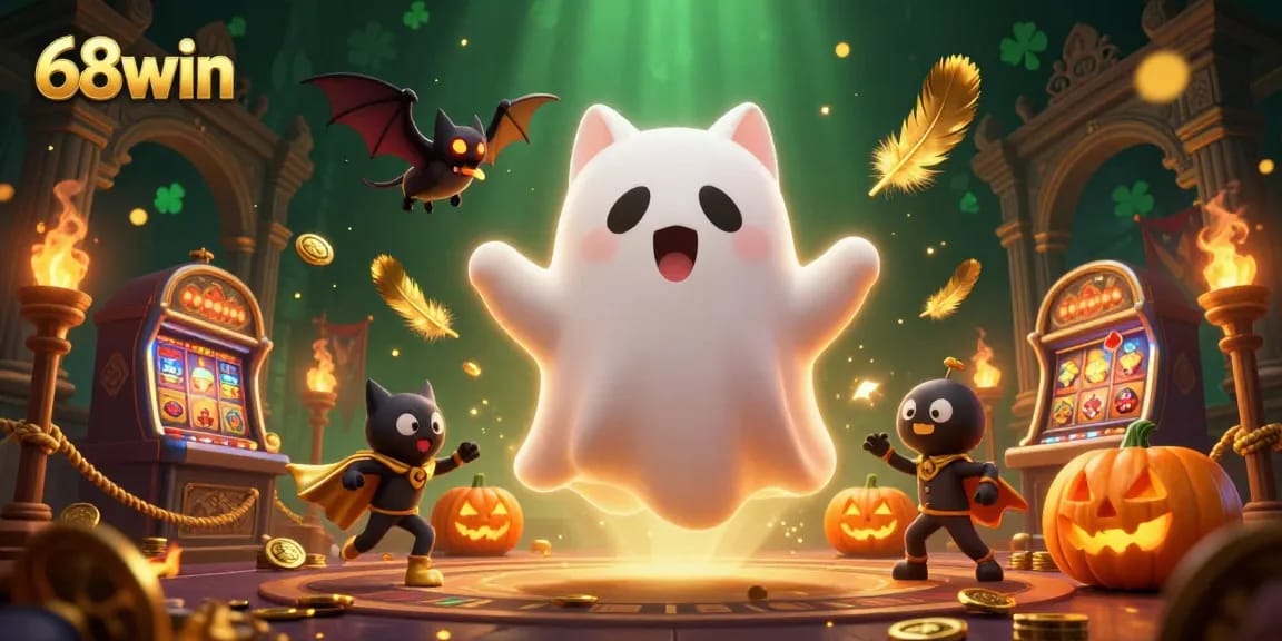 Experience the excitement of 68win with a vibrant haunted casino scene featuring a ghost cat and bat.