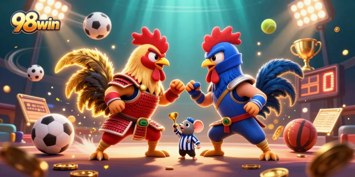 Engage with the thrilling world of 98win featuring roosters, sports elements, and dynamic action.