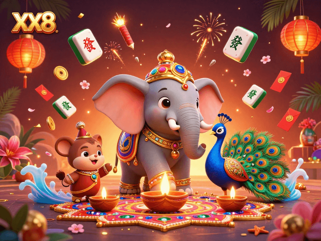 Place bets and spin the reels with XX8 in a vibrant gaming scene filled with festive decorations.