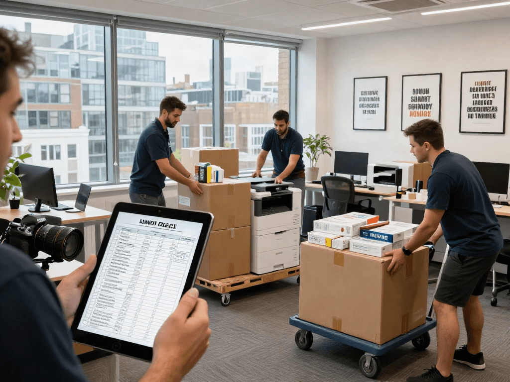 Office movers London efficiently packing equipment and supplies in a modern workspace during relocation.
