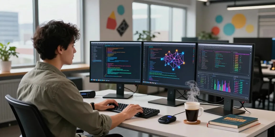 Programmer coding an nsfw ai model in a modern tech workspace with monitors displaying analytics and vibrant code.