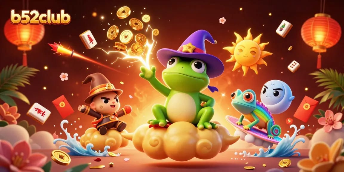 Play big at b52club with engaging characters and casino elements in a vibrant digital illustration.