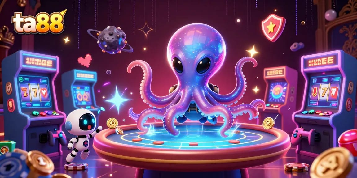 Engage in poker with ta88's vibrant 3D scene featuring an alien octopus and exciting game elements.