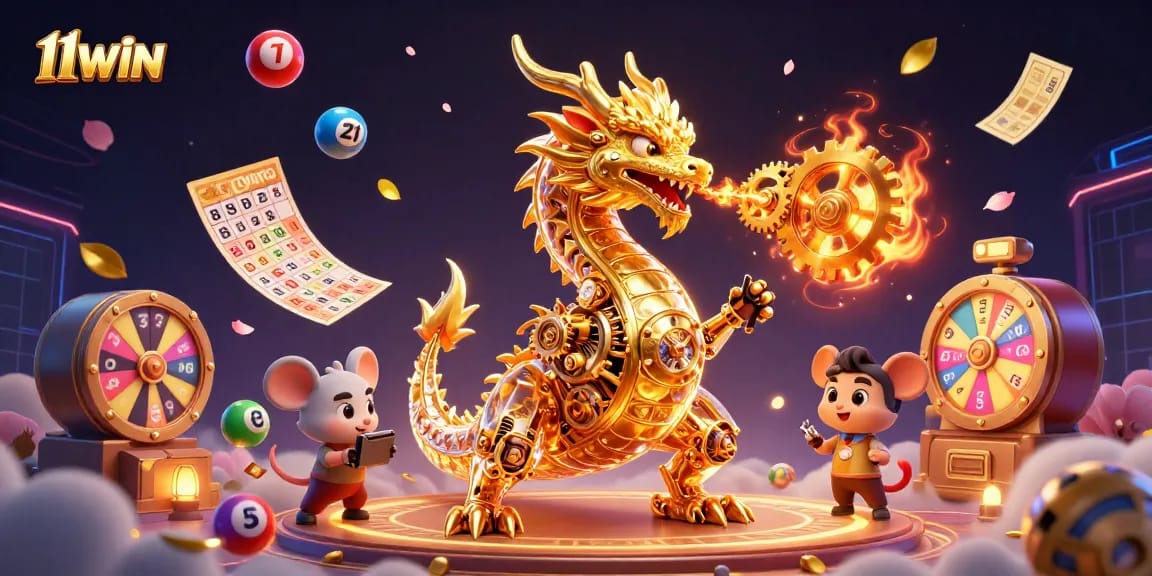 Engage with 11WIN's vibrant casino world featuring a golden dragon and dynamic game elements.
