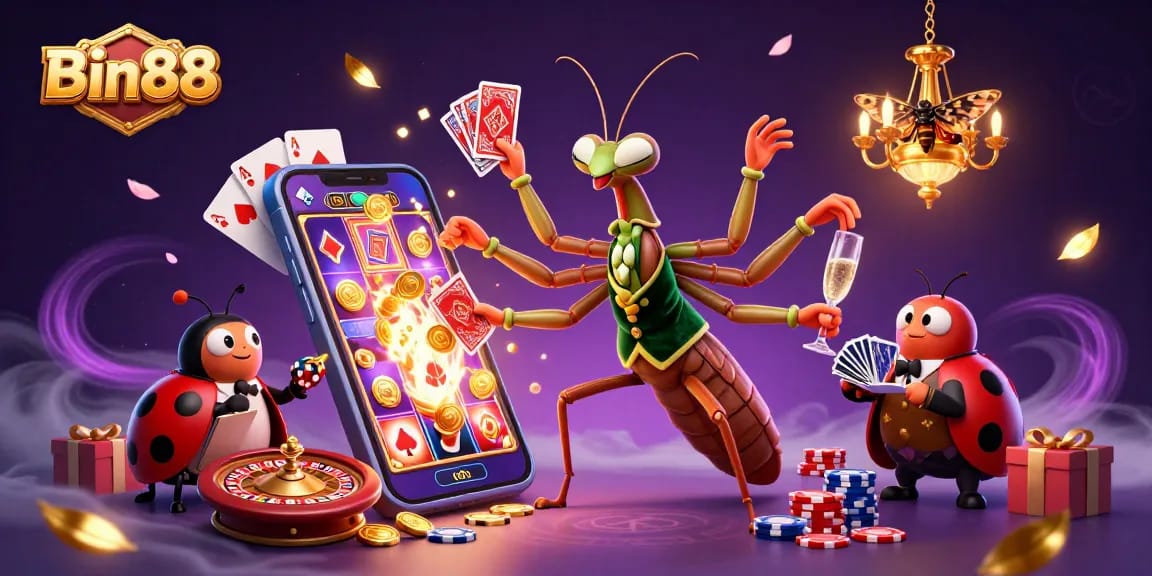 Experience exciting gameplay at Bin88 with colorful slot games and dynamic casino elements surrounded by animated characters.