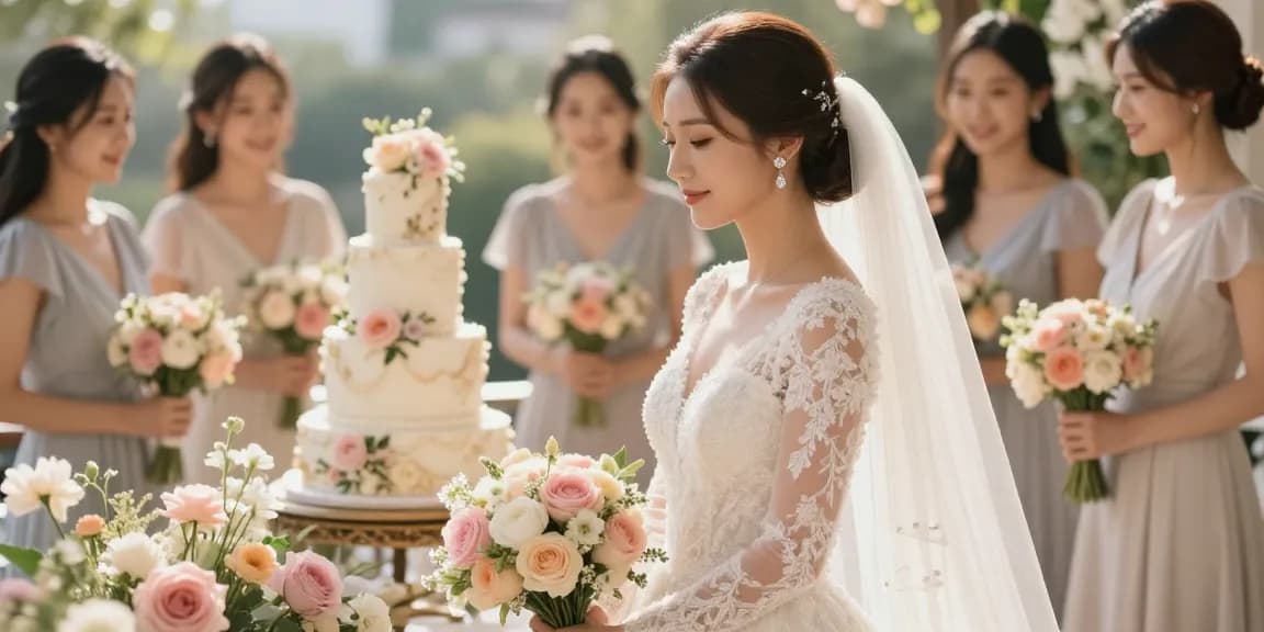 Bridal diamond earrings sparkle as a bride poses elegantly with floral decor and bridesmaids.