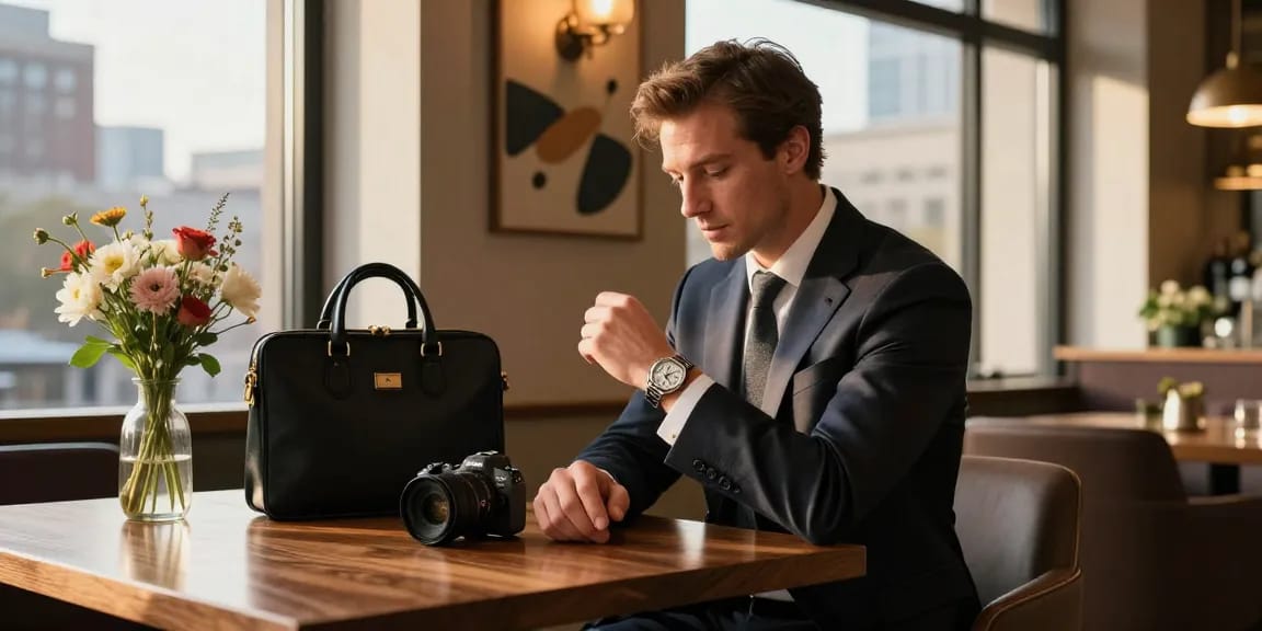 Man showcasing a luxury replica watch in elegant cafe ambiance, highlighting sophisticated style.