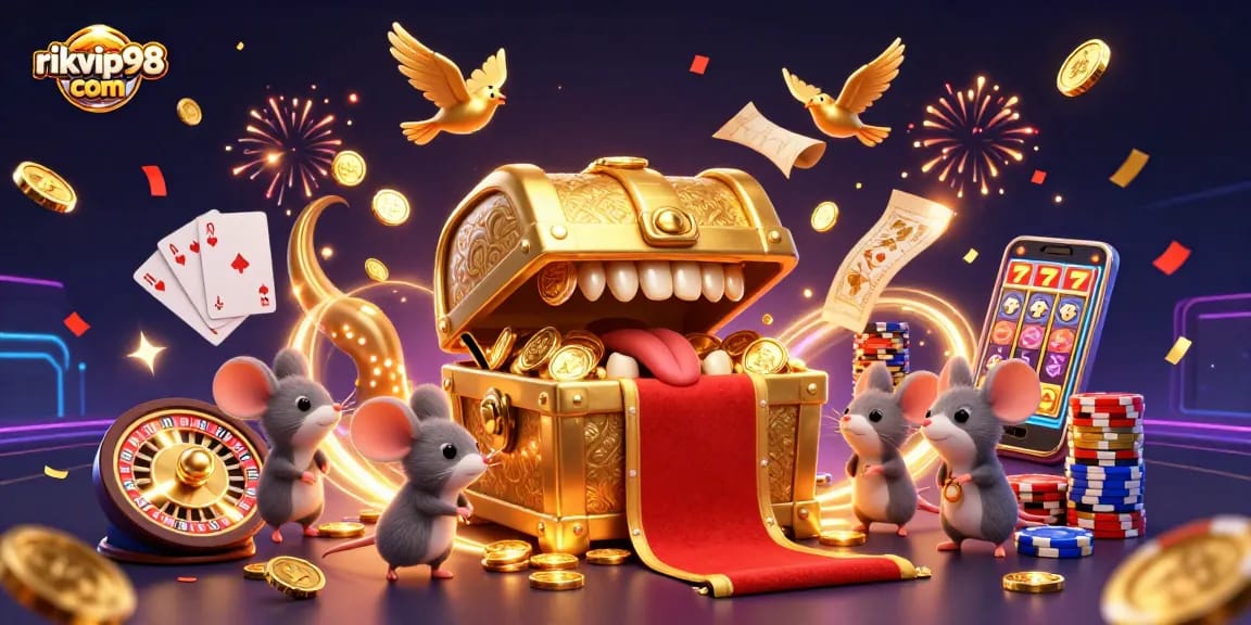 Experience excitement at rikvip98 com with a vibrant 3D illustration of a treasure chest and casino elements.
