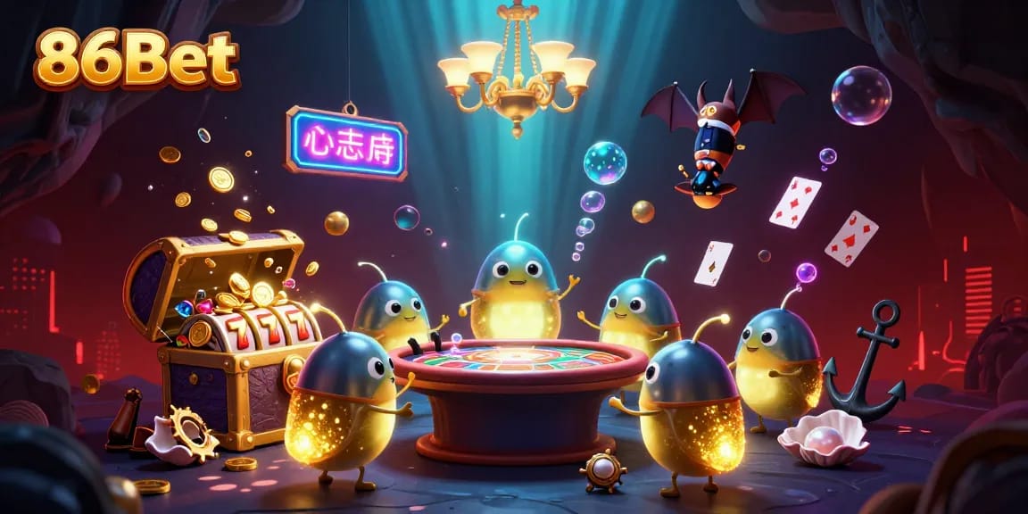 Experience excitement with 86Bet's vibrant casino scene illuminated by glowworms and dynamic elements.