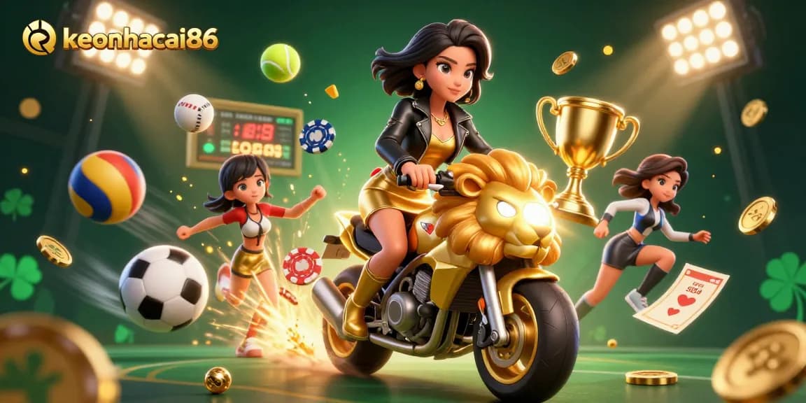 Experience exciting bets with keonhacai86, betting odds, and dynamic sports elements flying around.