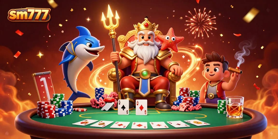 Experience the excitement of sm777 with Neptune, poker chips, and vibrant casino elements!