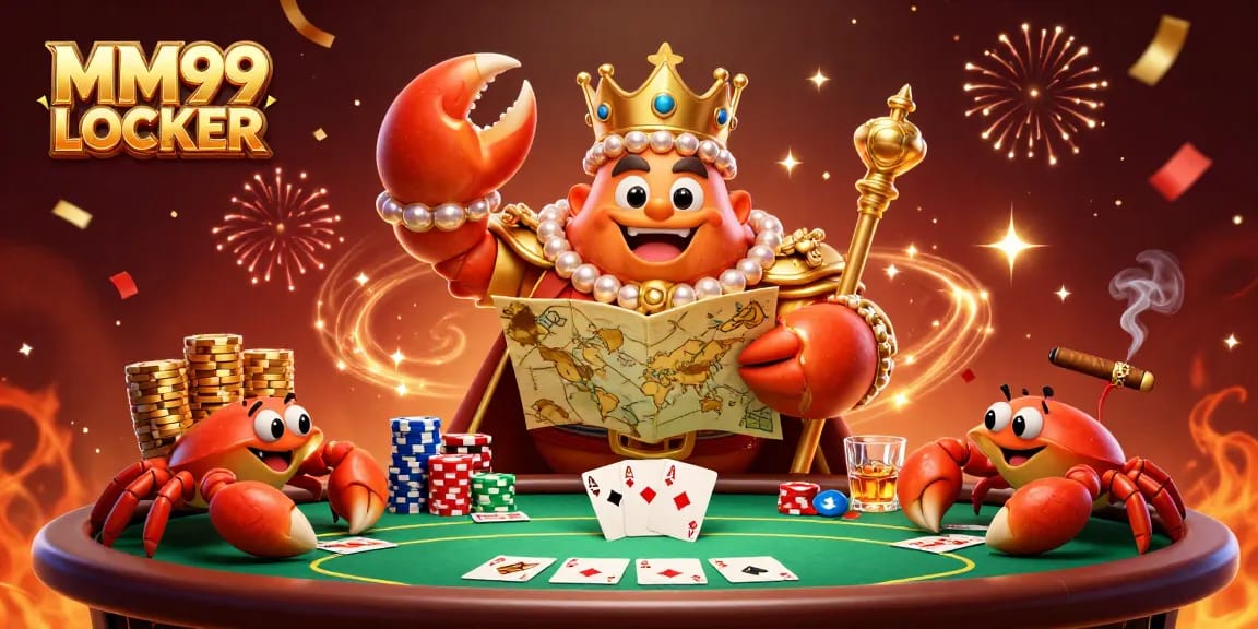 Experience MM99 LOCKER with a golden crab emperor amidst vibrant casino elements and excitement.