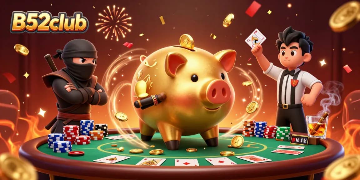Earn jackpots at B52club with a vibrant casino scene featuring a dynamic golden piggy bank challenge.
