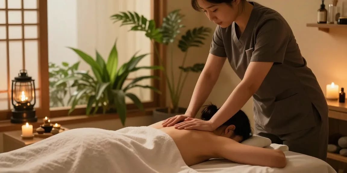 서울출장마사지 session in a serene wellness retreat atmosphere with candles and plants.