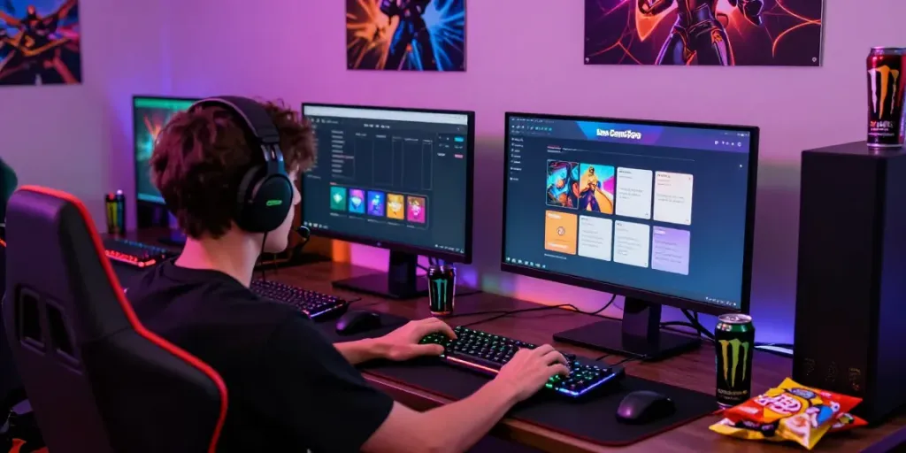 Engaging scene of a gamer at a non GamStop casino setup, colorful lights and gaming accessories on display.