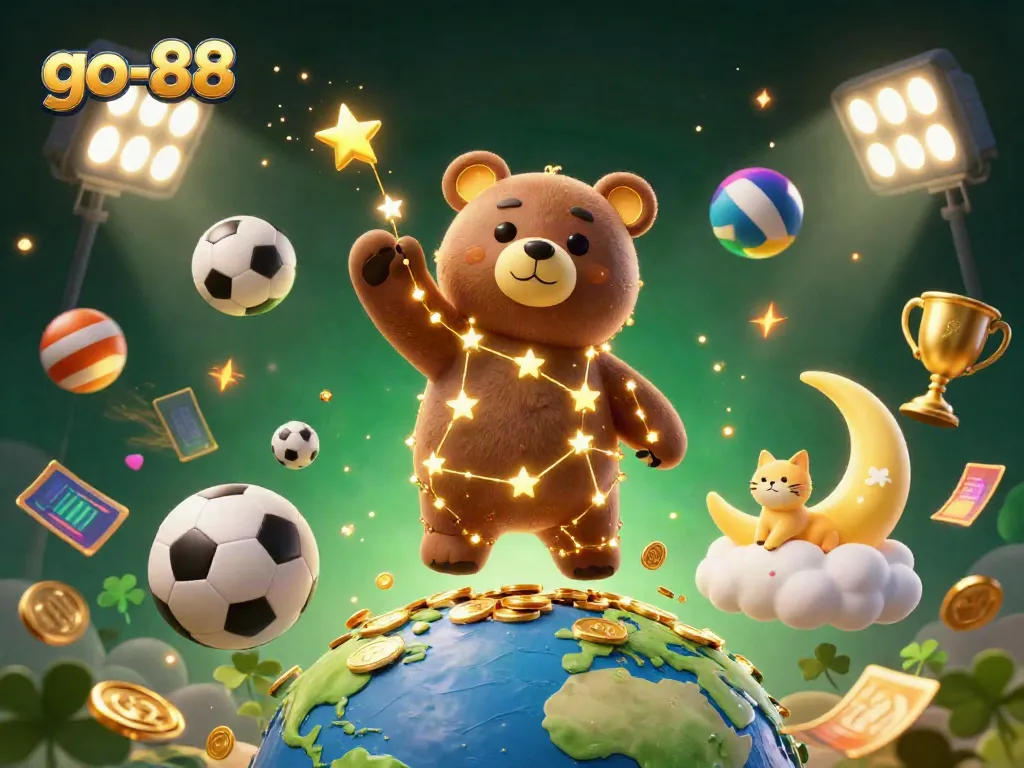 Experience the excitement at go-88 with a vibrant 3D constellation bear scooping up coins in a dynamic casino scene.