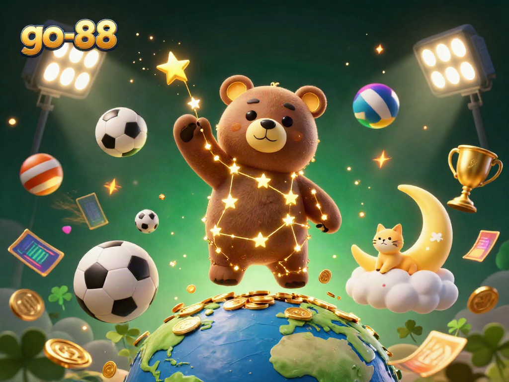 Experience the excitement at go-88 with a vibrant 3D constellation bear scooping up coins in a dynamic casino scene.