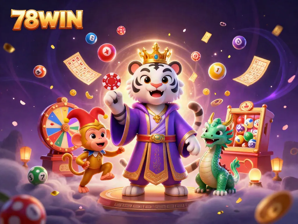 Engage with the vibrant world of 78WIN as a regal white tiger and jester monkey blend fun and excitement in this lively casino scene.