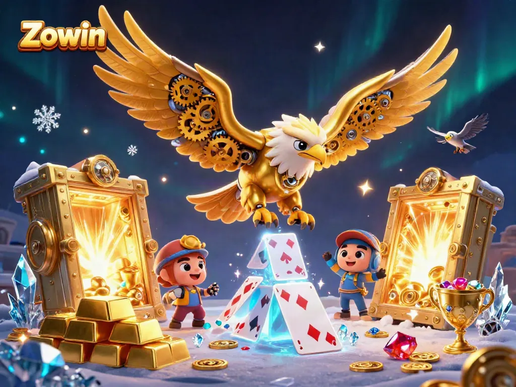 Zowin showcases thrilling 3D action with a cybernetic eagle diving through holographic cards, surrounded by treasure.