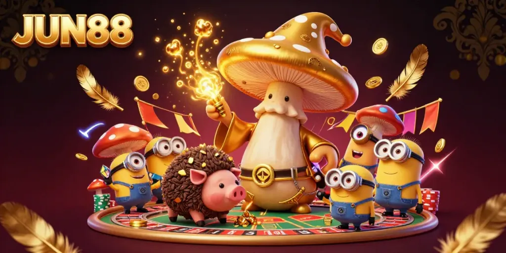 Experience the magical world of JUN88, where a golden mushroom wizard brings luck to players in a vibrant casino.