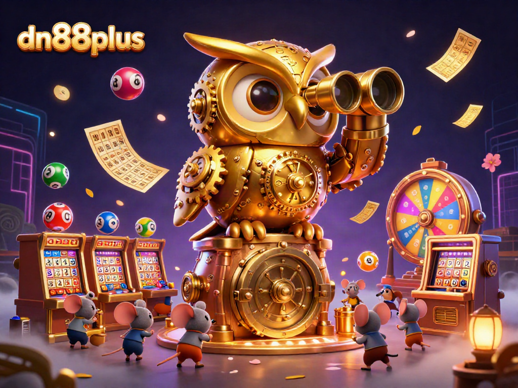 Engage with an exciting dn88plus casino scene featuring a clockwork owl and vibrant gaming elements.