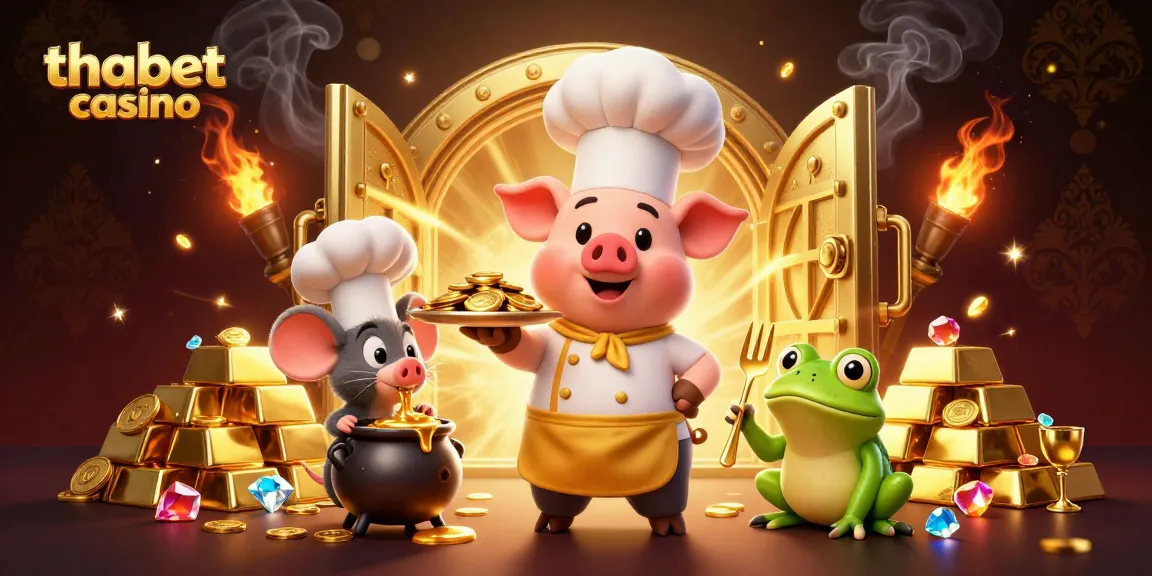 Experience the thrill of thabet casino with a chef pig and vibrant gold elements in this vibrant illustration.