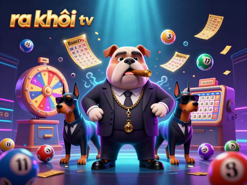 View ra khơi tv gambling scene with 3D mafia bulldog and Doberman bodyguards, vibrant gaming elements