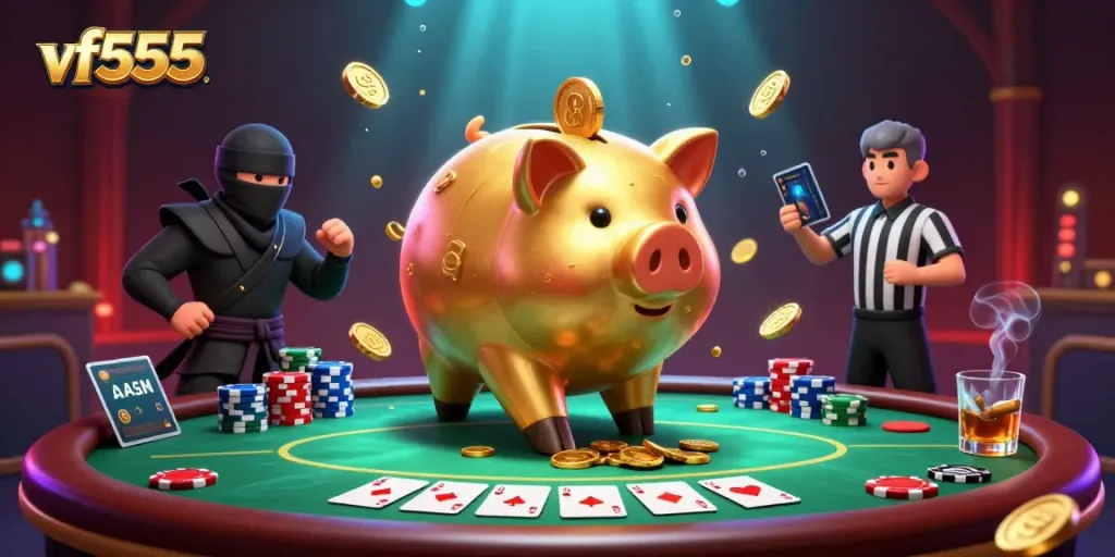 Experience thrilling gameplay with vf555 as a golden piggy bank sumo wrestler unleashes coins in an action-packed casino scene.