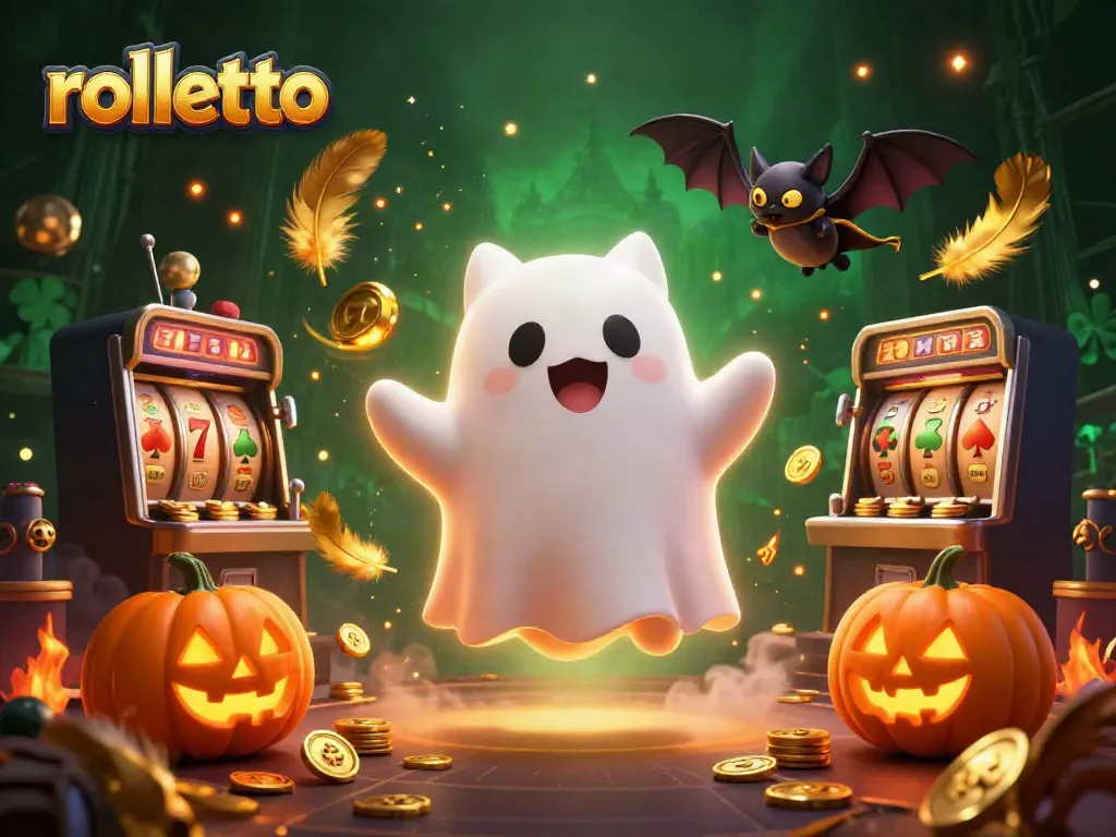 Experience rolletto's thrilling atmosphere with a ghost cat and vampire bat in a haunted casino scene.