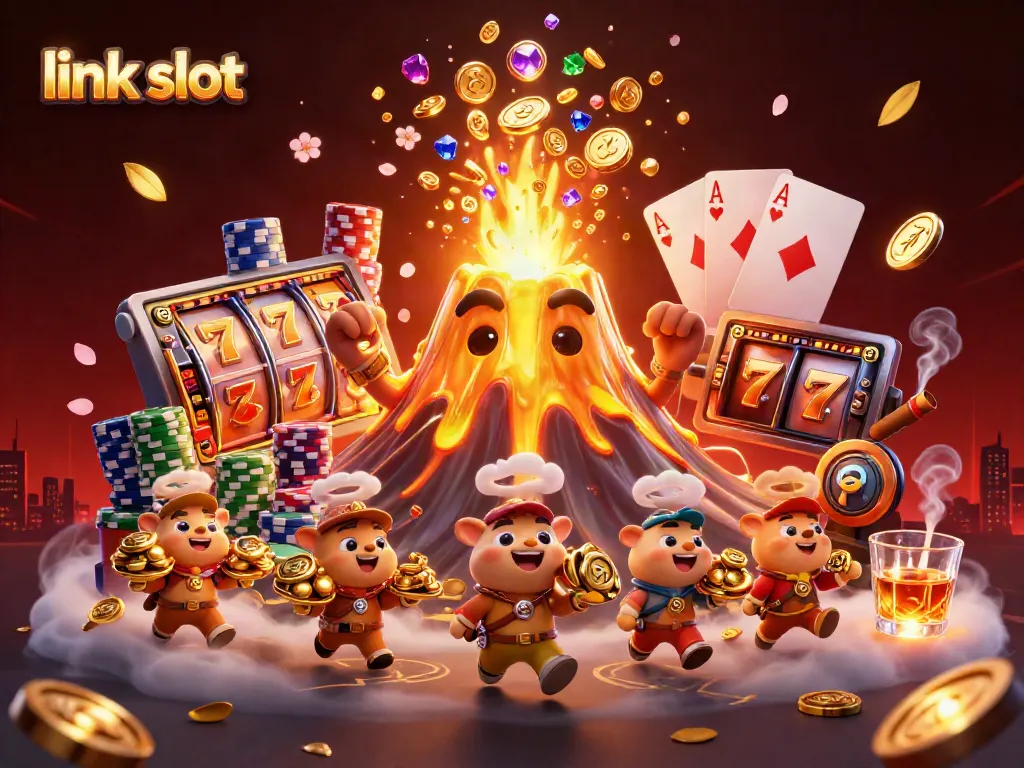 Experience excitement with link slot's golden volcano and treasure-filled scene