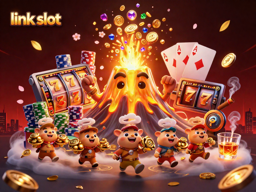 Experience excitement with link slot's golden volcano and treasure-filled scene