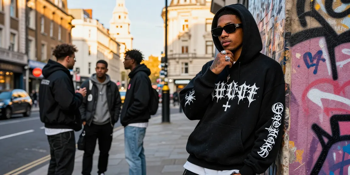 Chrome Hearts urban fashion scene in London showcasing stylish streetwear and accessories.