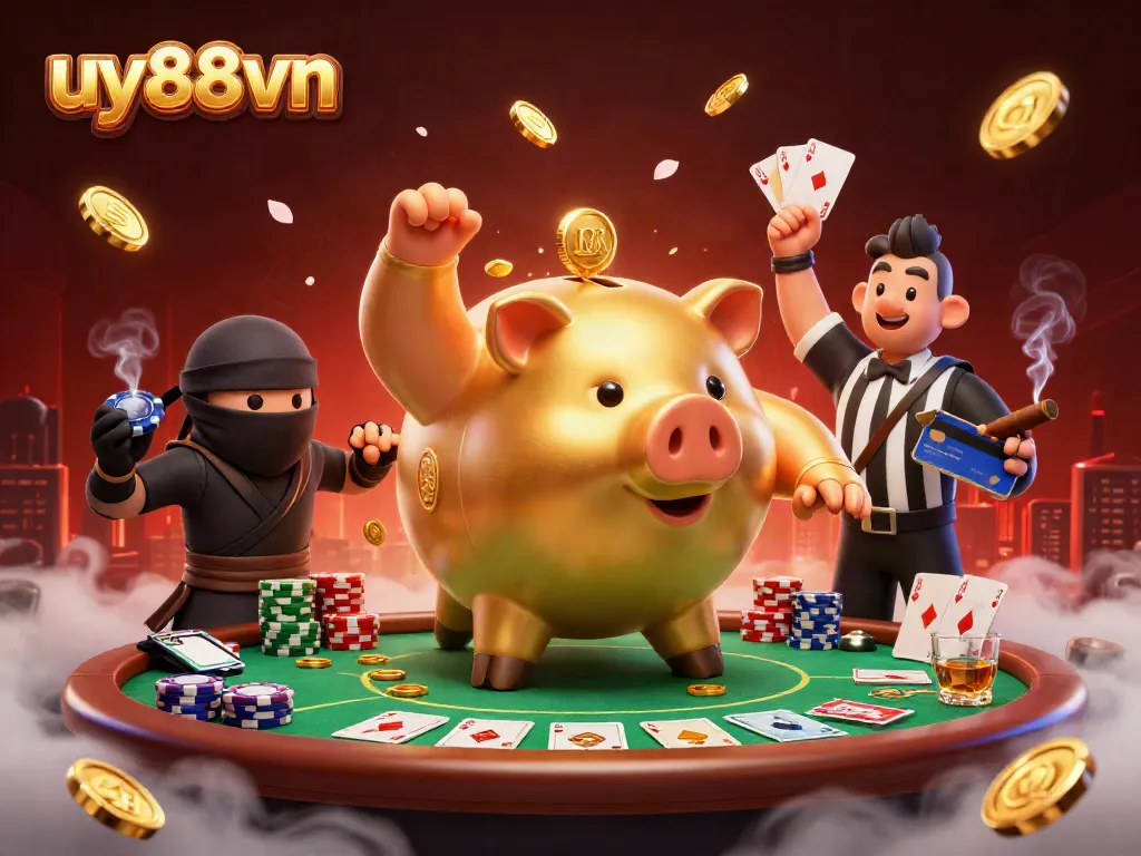 Experience thrilling gameplay with uy88vn as a golden piggy bank sumo wrestler and dynamic opponents collide in a lively casino scene.