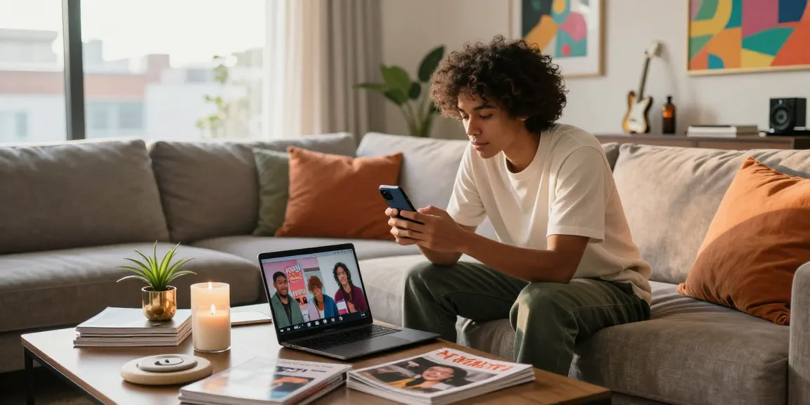 Influencer exploring NSFW content on phone in stylish living room, modern decor