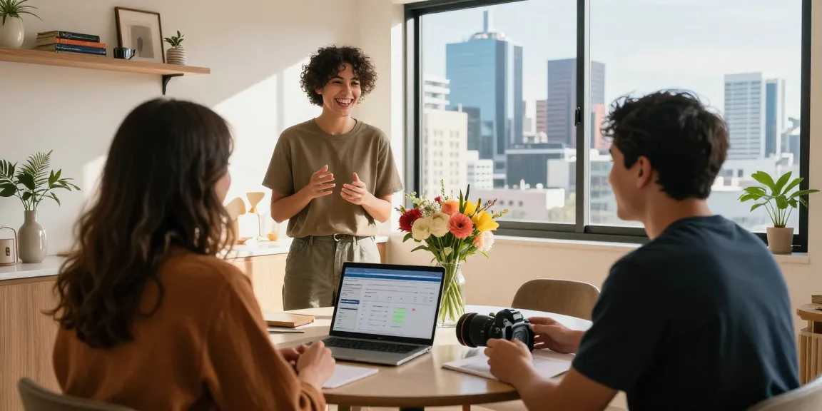 Engaging discussion on Airbnb co-hosting in Melbourne within a stylish apartment setting.