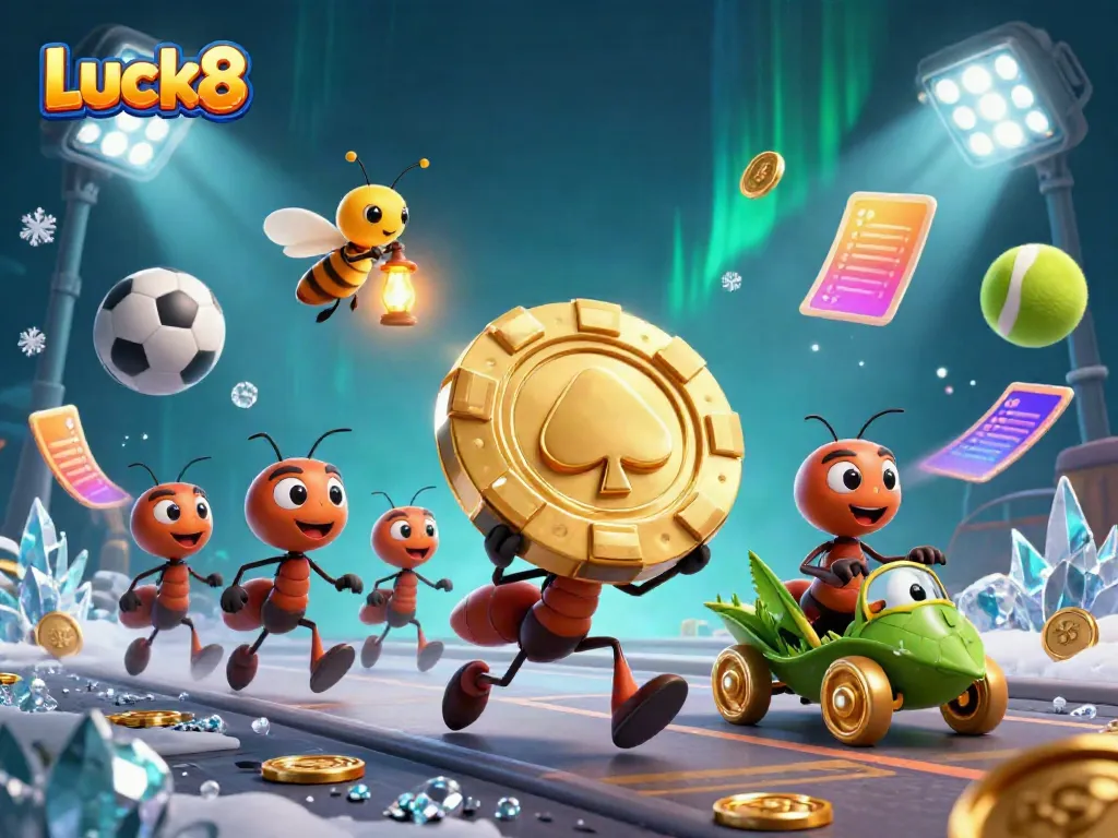 Luck8 team of ants joyfully carrying a giant poker chip in an exciting underground heist scene