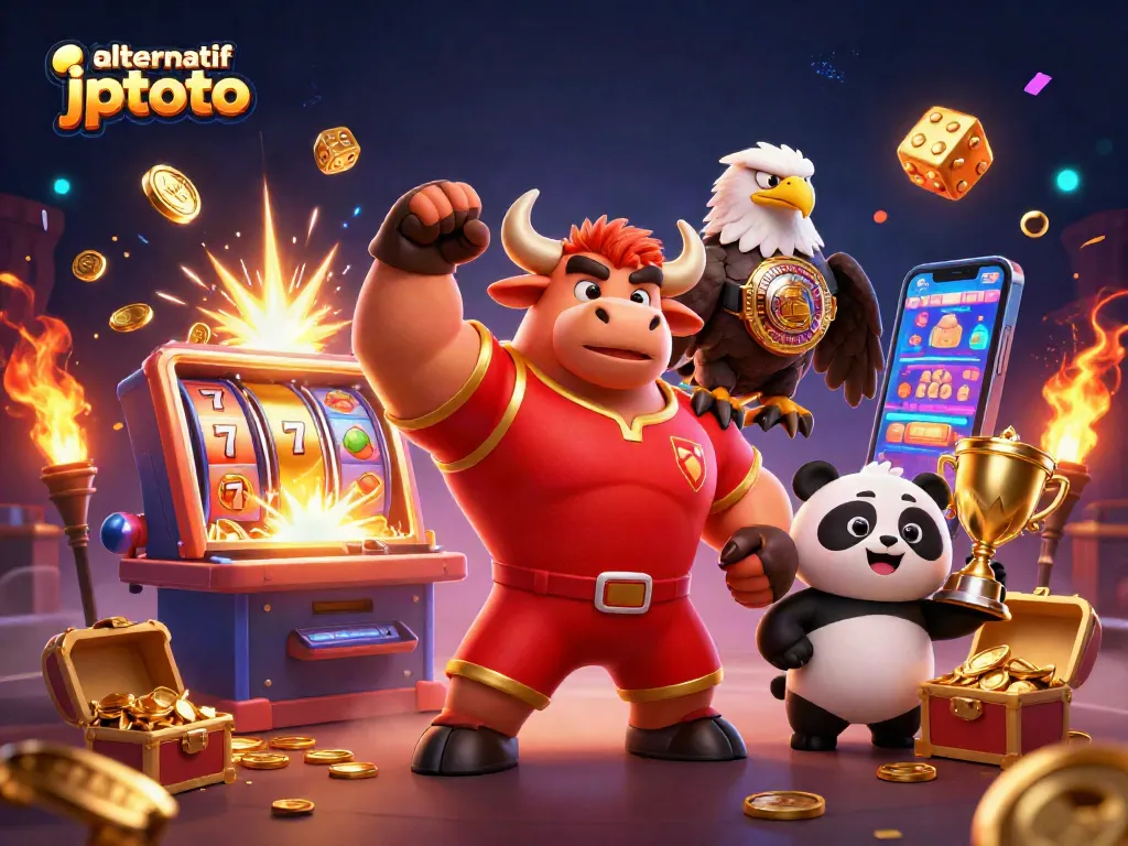 Spin to win big with link alternatif jptoto, showcasing a vibrant casino scene packed with excitement and winning symbols.