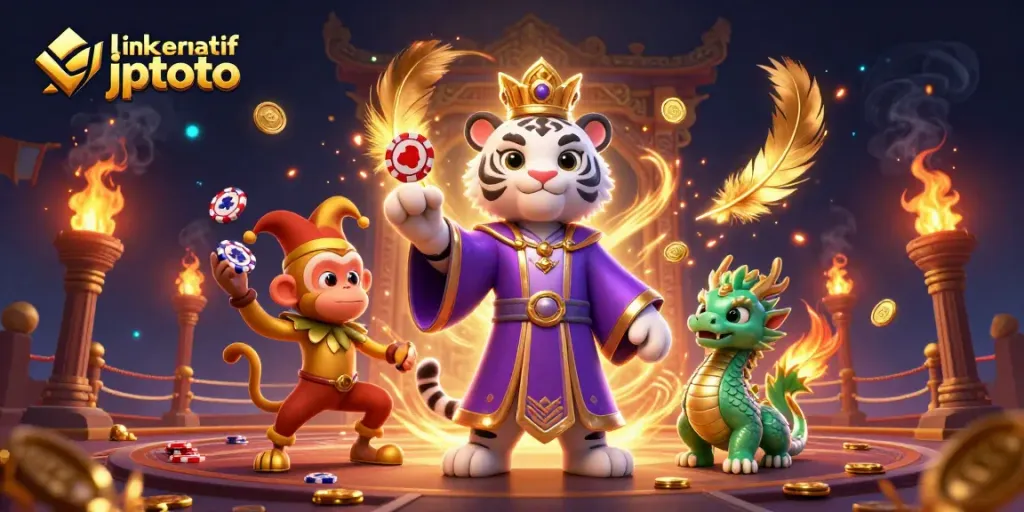 Engage in thrilling gameplay with link alternatif jptoto surrounded by a vibrant 3D casino scene featuring a majestic tiger and playful monkey.
