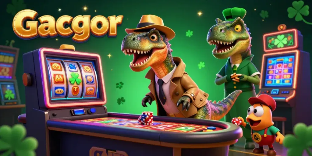 Simbol keberuntungan di slot gacor dibalut dengan elemen karnivora dan suasana kasino yang meriah.