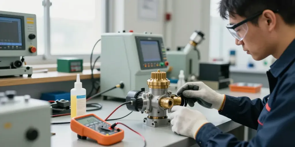 Technician inspecting a water pump pressure switch in a workshop, emphasizing quality control and engineering.