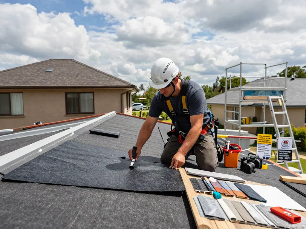 Felt roofing specialist inspecting roof with roofing samples and tools