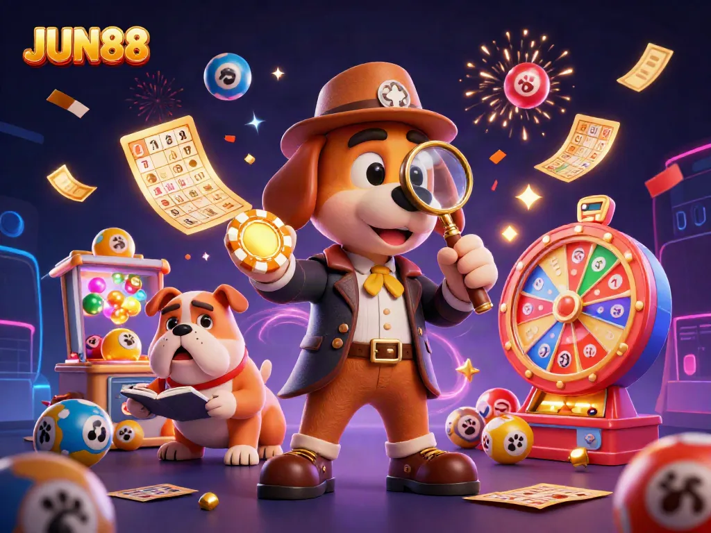 Engage with exciting casino games at JUN88 featuring cartoon detective characters, vibrant lottery elements, and dynamic celebration effects.