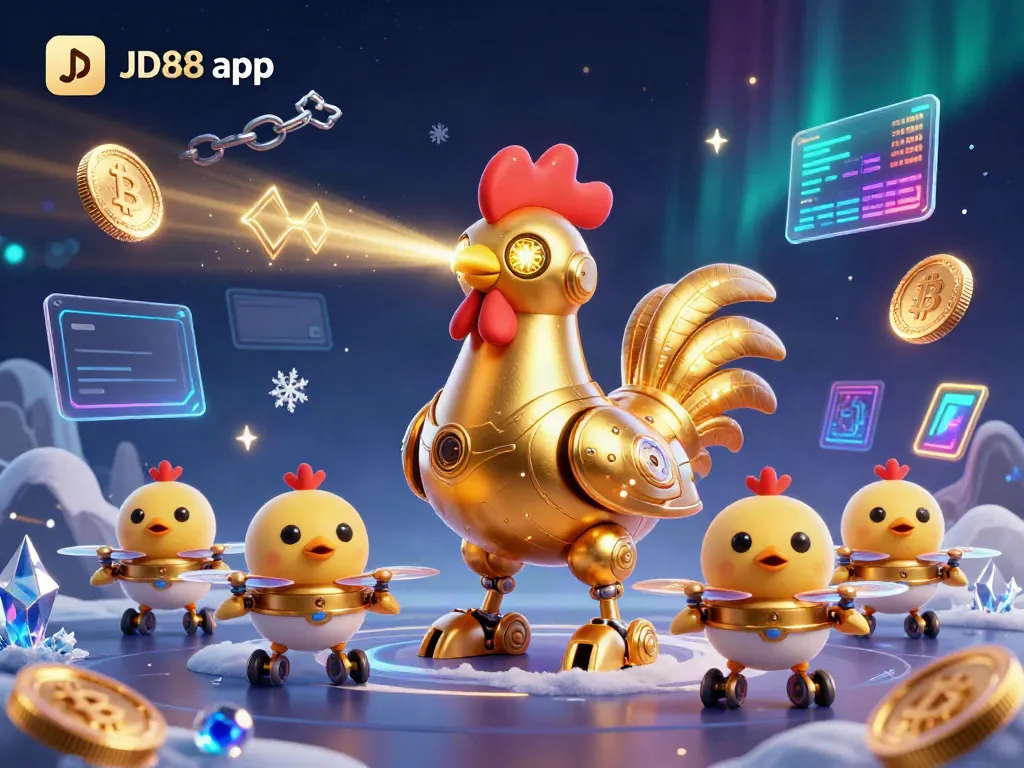 Engage with the JD88 app featuring a thrilling 3D illustration of a futuristic golden rooster robot in an immersive gaming environment.