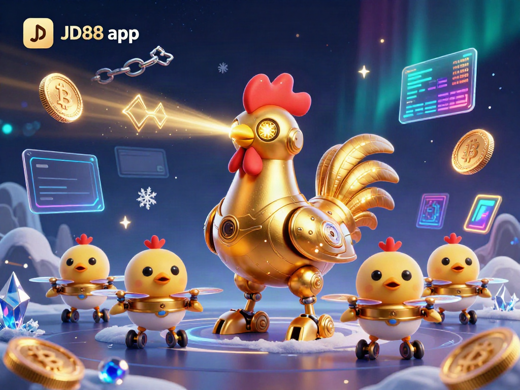 Engage with the JD88 app featuring a thrilling 3D illustration of a futuristic golden rooster robot in an immersive gaming environment.